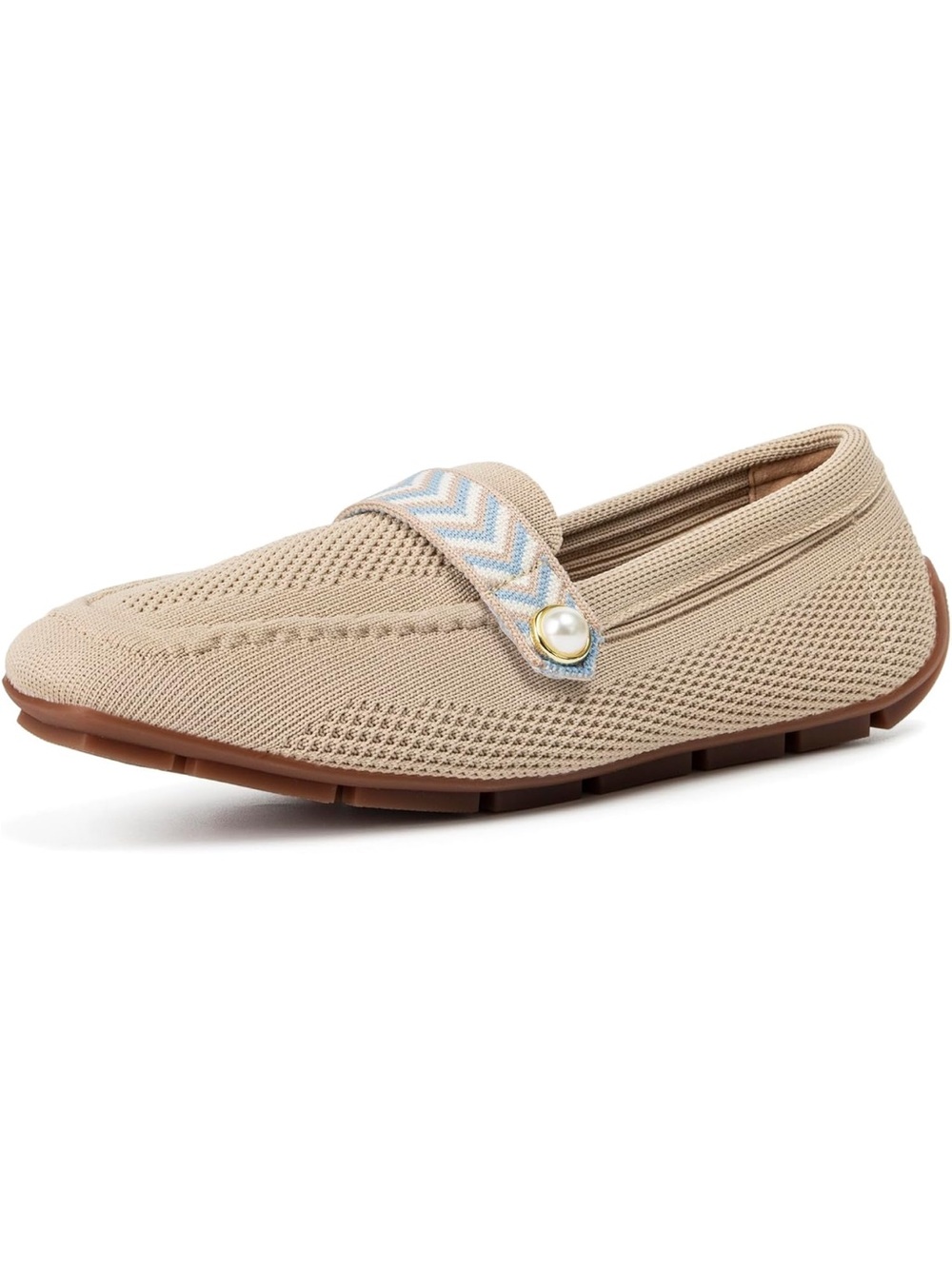 Amazon Women's Beige Knit Loafers with Chevron Strap and Pearl Accent.